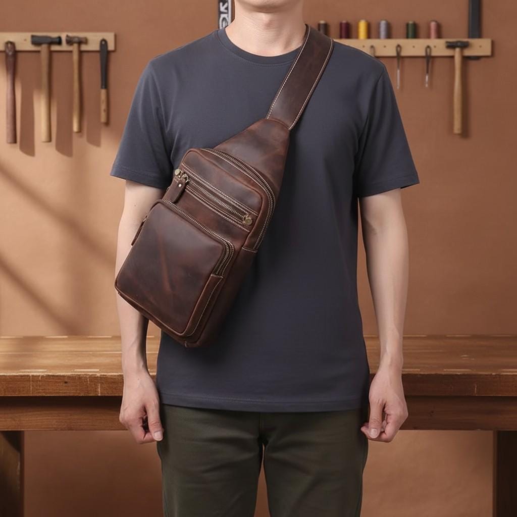 Genuine Leather Chest Bag Men, Crazy Horse Leather Sling Bag, Vintage Crossbody Bag, Mens Shoulder Bag, Travel EDC Pack