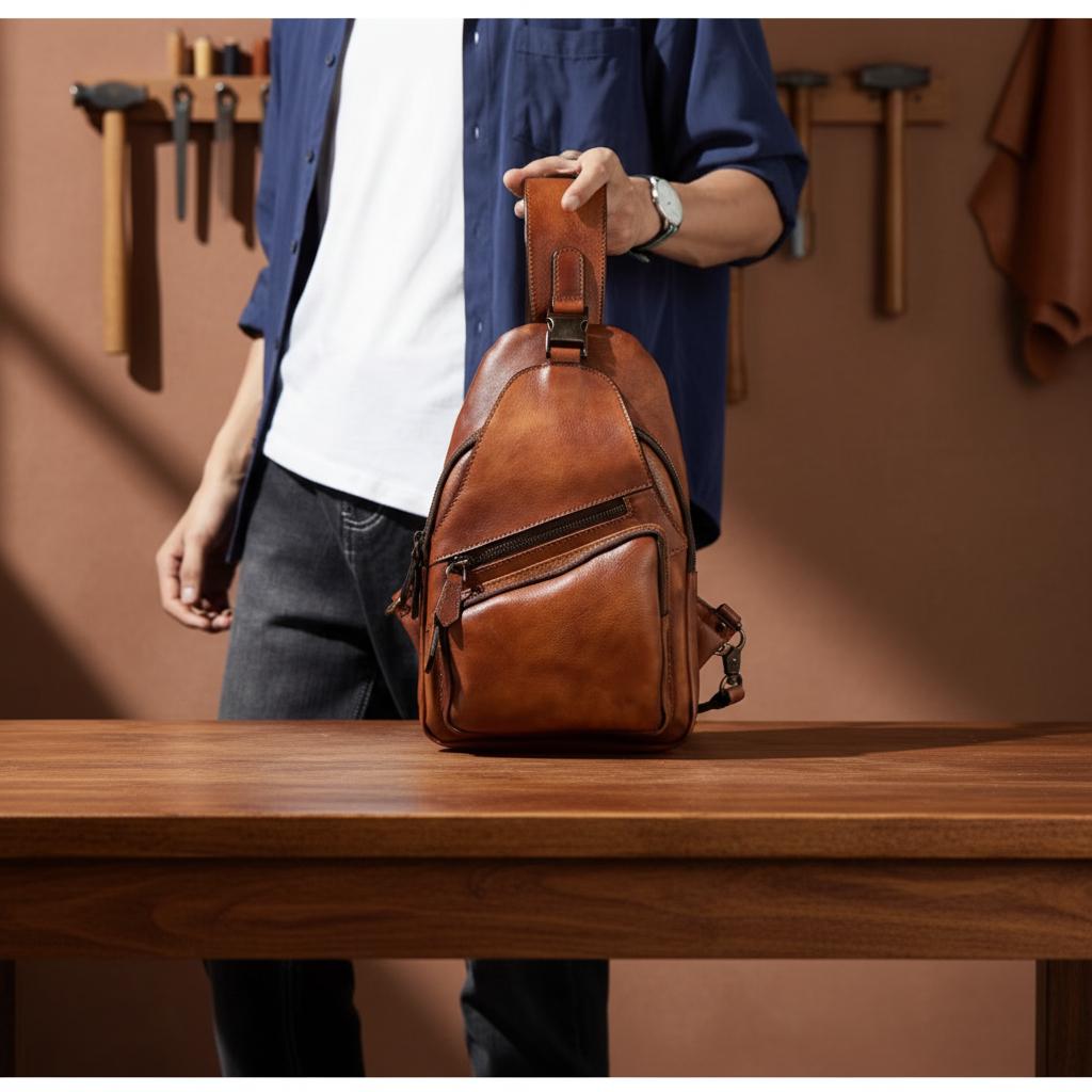 Vintage Genuine Leather Chest Bag for Men, Brown Crossbody Sling Bag, Retro Shoulder Backpack, Travel Cycling Body Bag