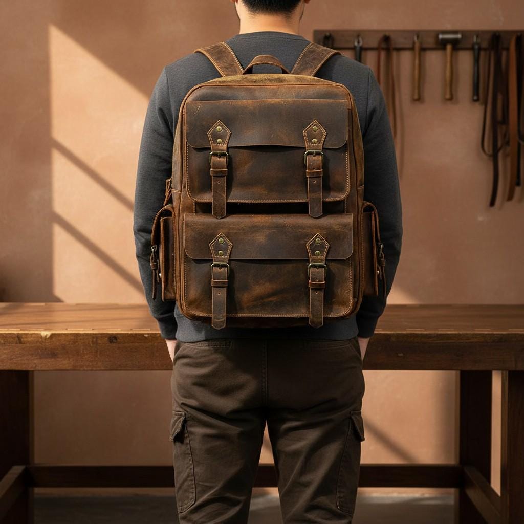 Backpack 17" Laptop Bag – Vintage Brown Genuine Cowhide Travel Rucksack for Work & School