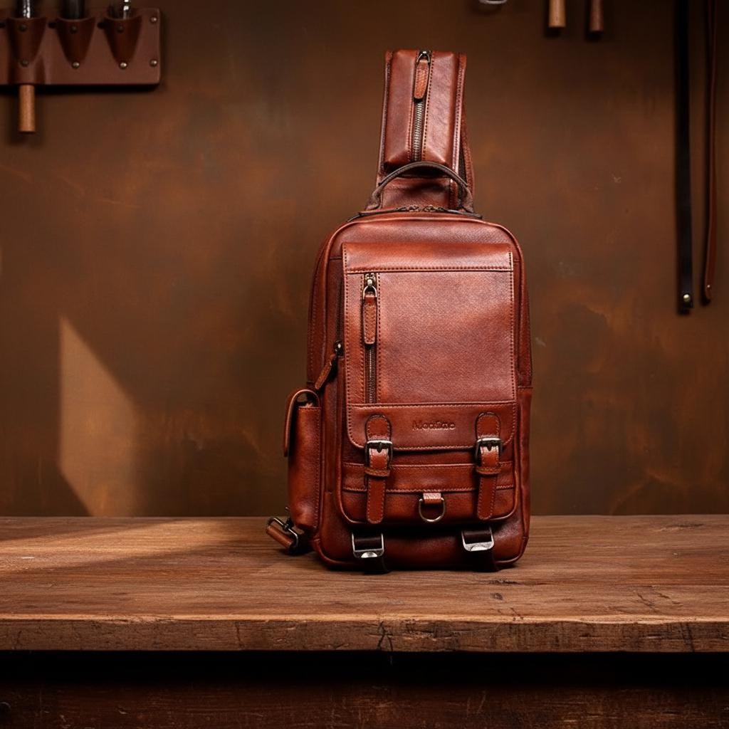 Men's Genuine Leather Chest Bag, Vintage Sling Crossbody Backpack, Cowhide Single Shoulder Bag, Casual Everyday Travel Pack