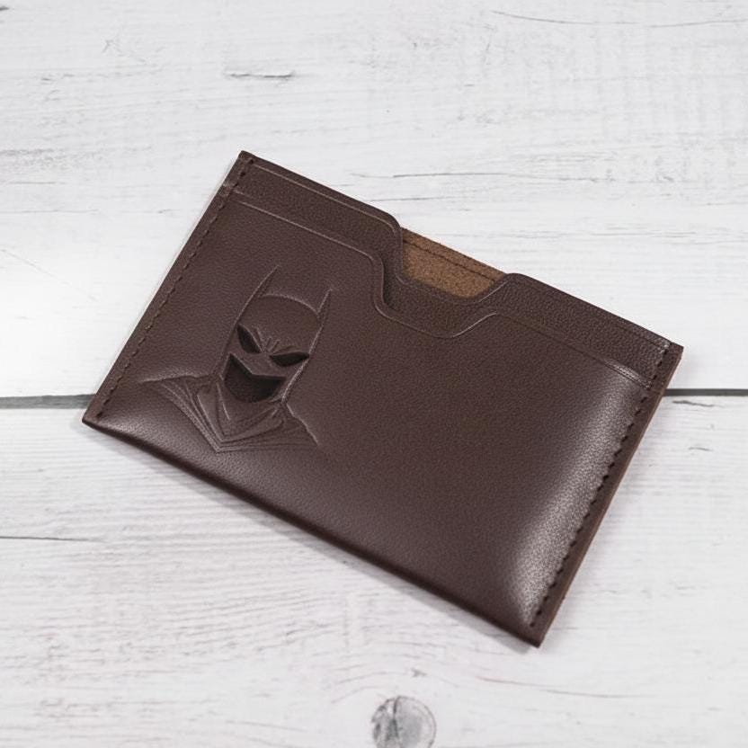 Slim Genuine Leather Card Holder Wallet for Men – Superhero Embossed Front Pocket Minimalist Mini Wallet, Full Grain Leather