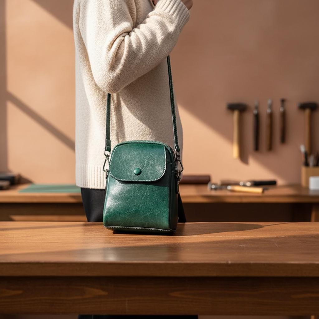 Compact Vertical Leather Crossbody Bag – Genuine Cowhide Phone Shoulder Purse with Flap Pocket for Women