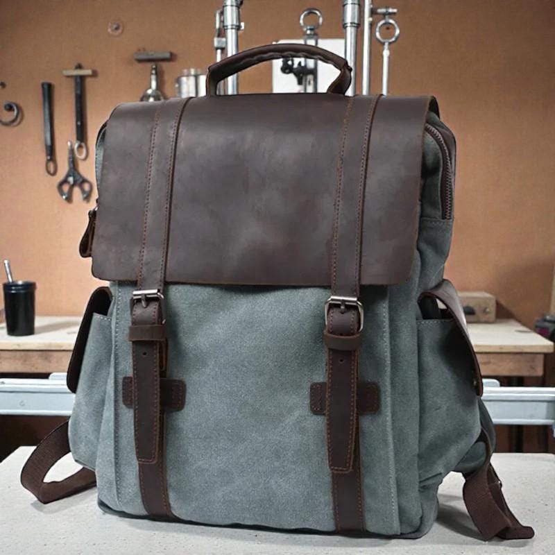 Vintage Canvas Leather Backpack – Unisex Travel Backpack, Military Laptop Backpack, Large Capacity Hiking Bag, Canvas Rucksack