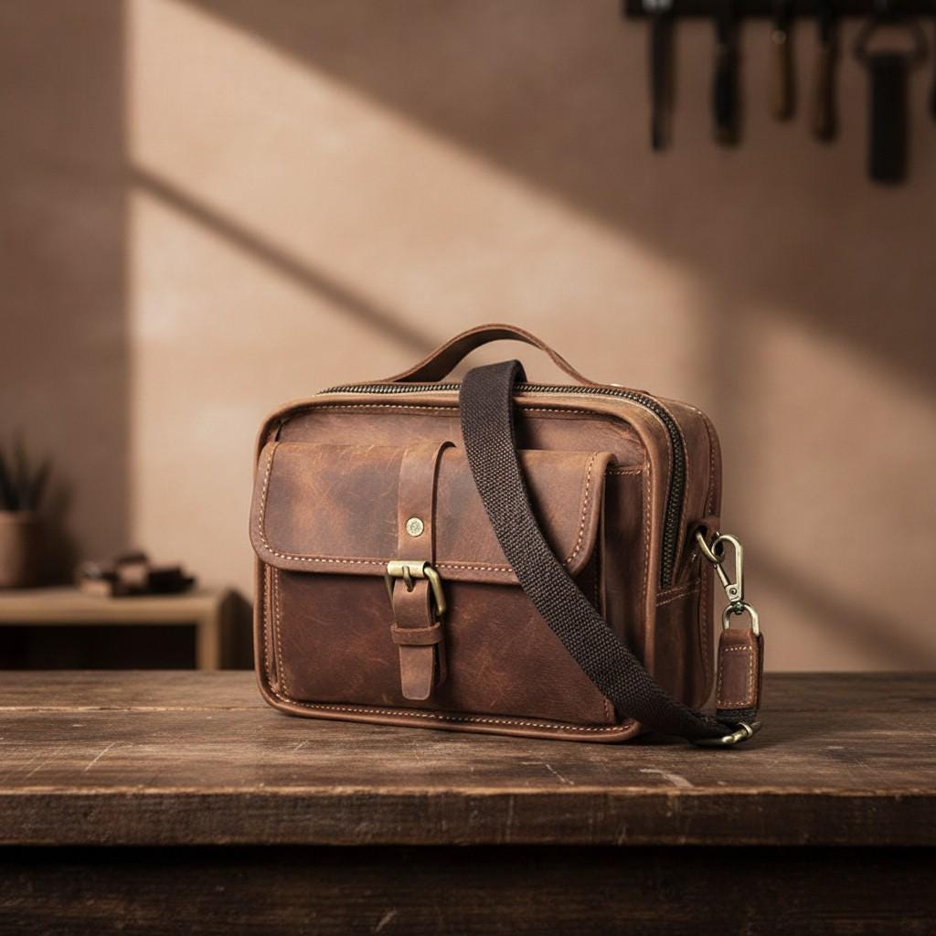 Crazy Horse Genuine Leather Crossbody Bag for Men – Vintage Brown Shoulder Messenger Bag for iPad, Small Business Travel Satchel