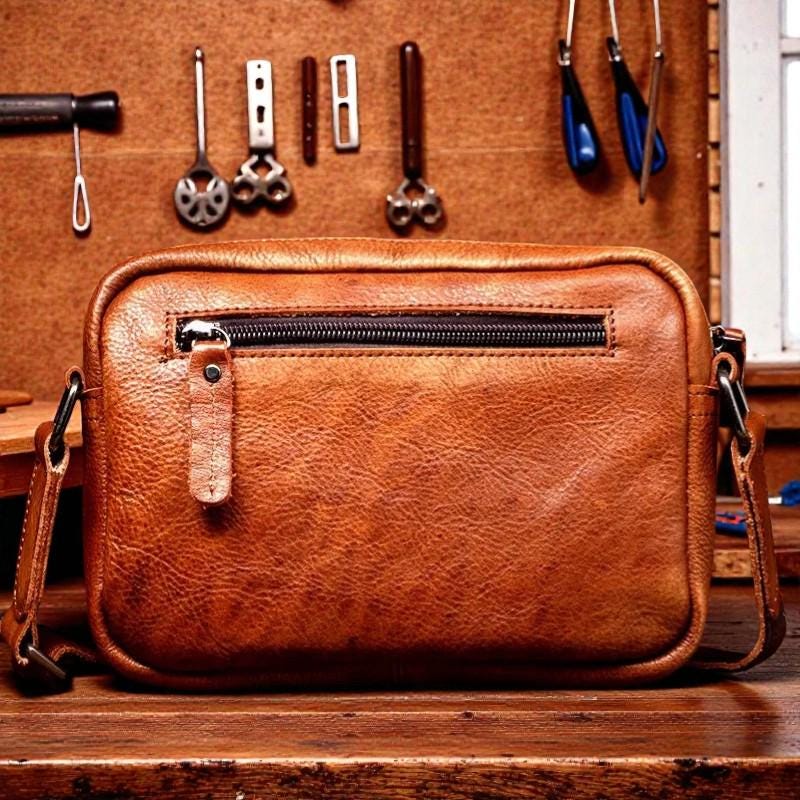 Retro Vegetable Tanned Leather Messenger Bag for Men, Small Vintage Crossbody Shoulder Bag, Compact Commuter Bag
