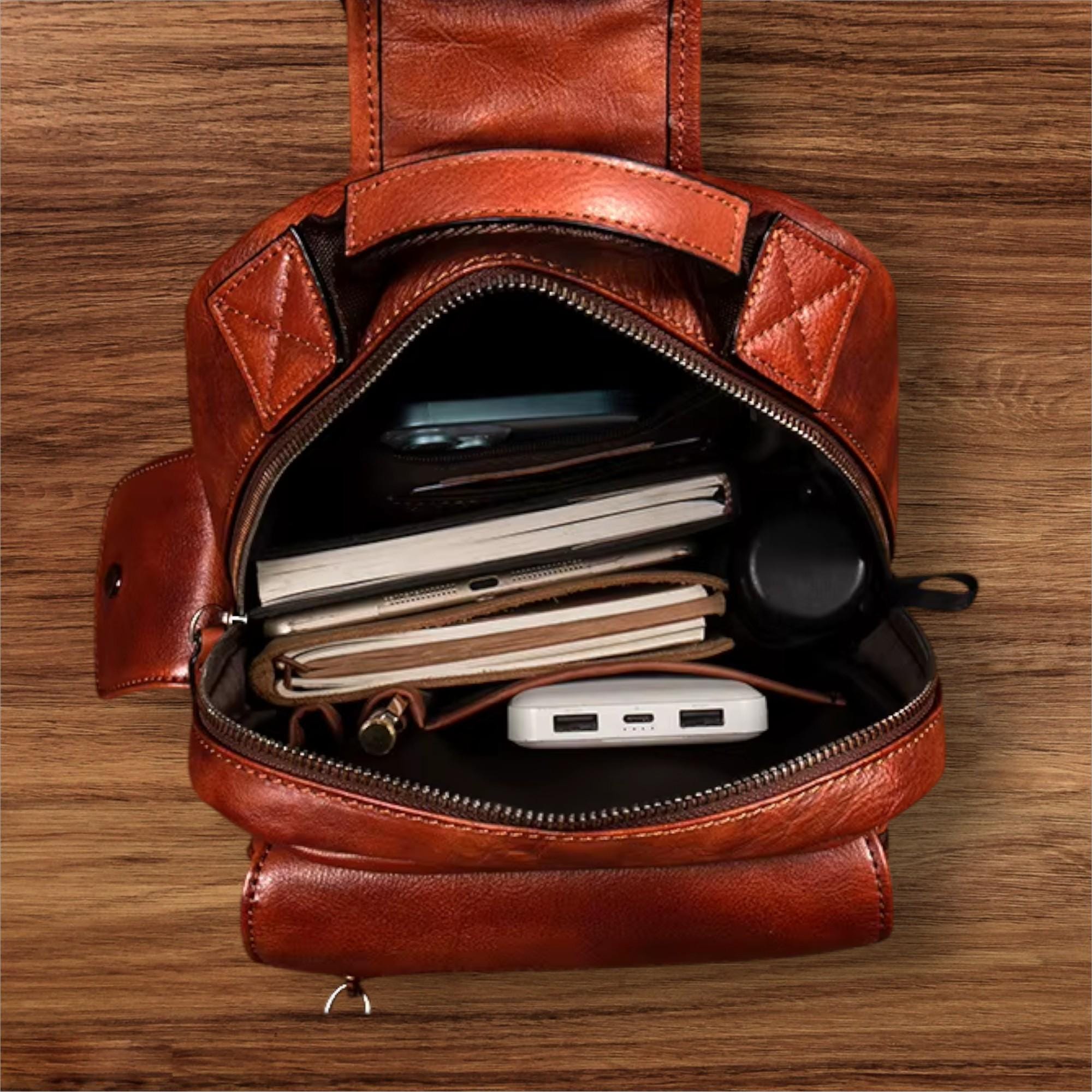 Men's Genuine Leather Chest Bag, Vintage Sling Crossbody Backpack, Cowhide Single Shoulder Bag, Casual Everyday Travel Pack
