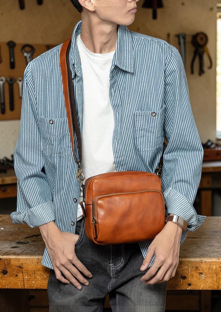 Men's Genuine Leather Crossbody Bag – Small Shoulder Messenger Bag, First Layer Cowhide Phone Bag, Vintage Everyday Travel Purse