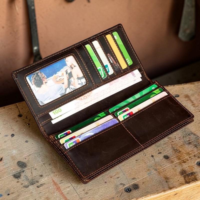 Men’s Genuine Leather Long Wallet – Crazy Horse Cowhide Bifold Wallet, Slim Card Holder, Vintage Leather Wallet for Men
