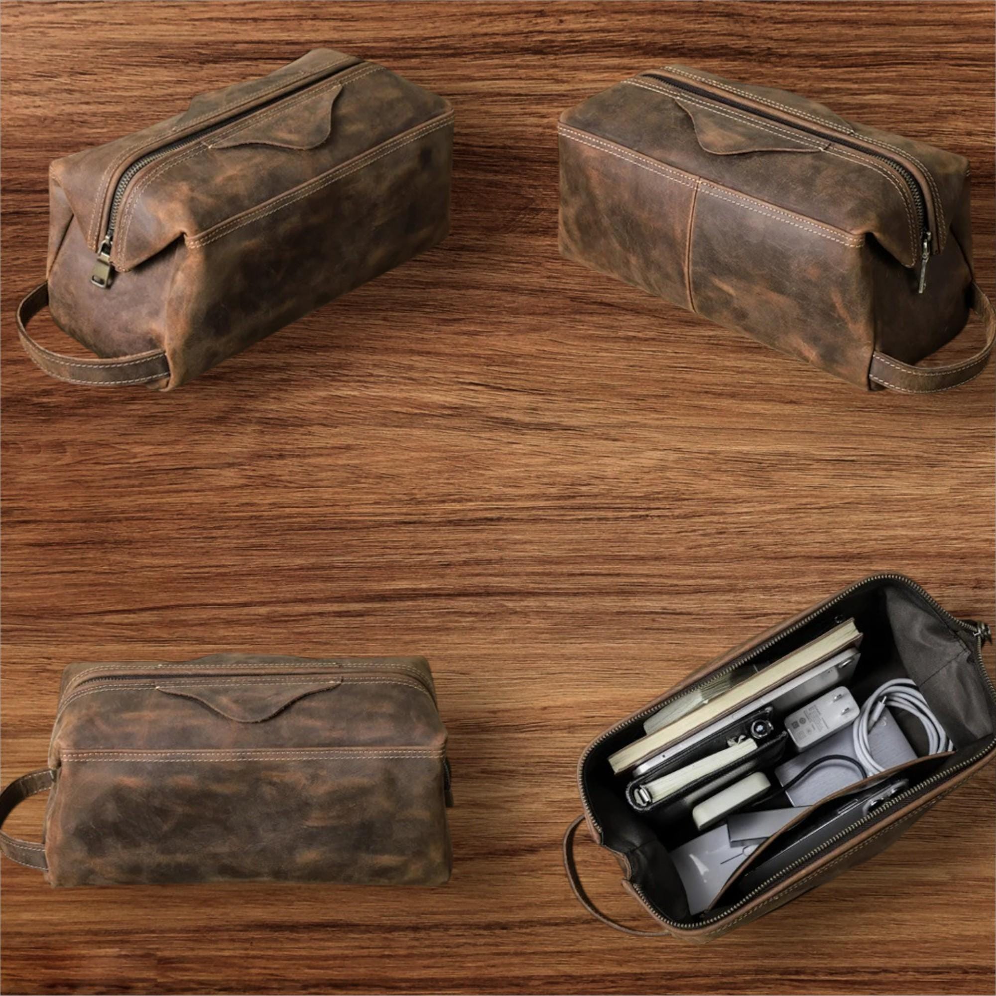 Horse Leather Travel Toiletry Bag, Vintage Genuine Leather Clutch Pouch, Unisex Cosmetic Organizer