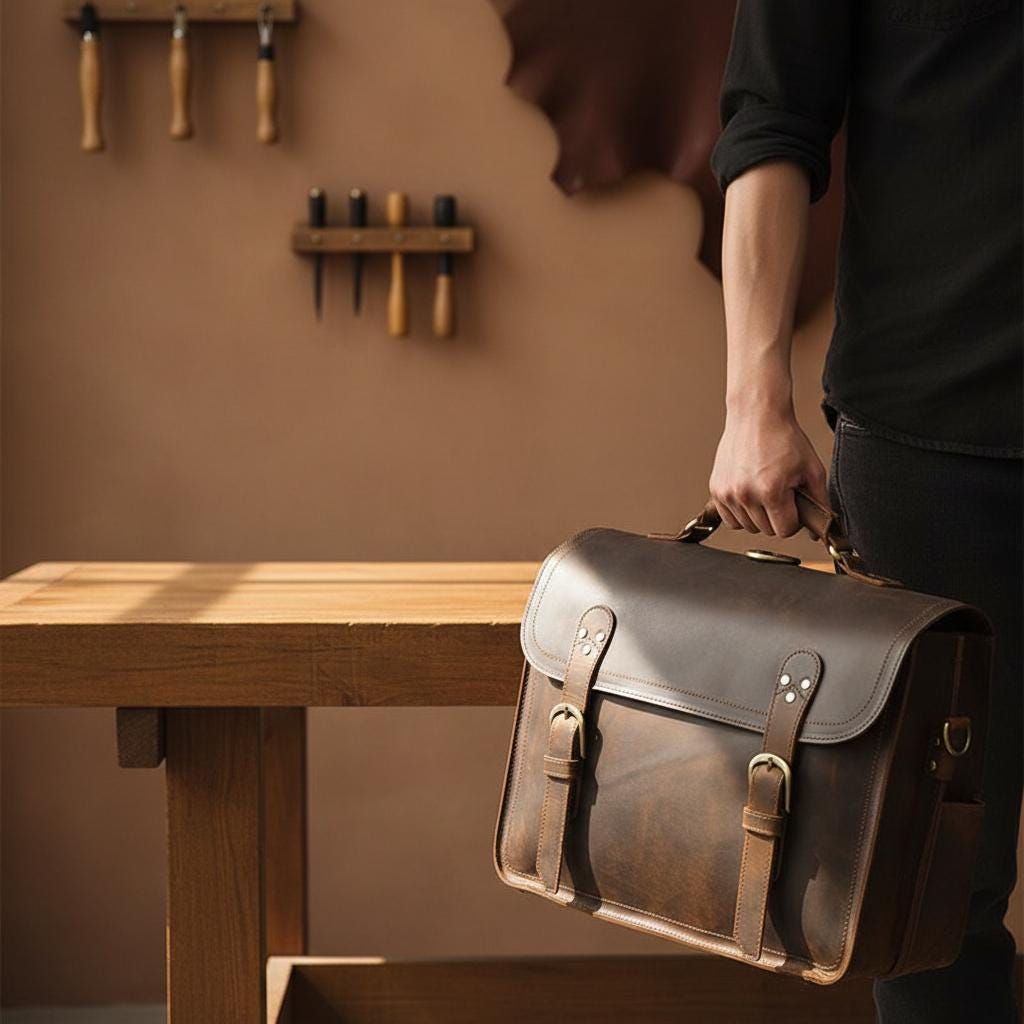 Vintage Crazy Horse Leather Briefcase 15.6 Inch Laptop Bag, Men's Business Shoulder Bag, Full Grain Cowhide Messenger Bag
