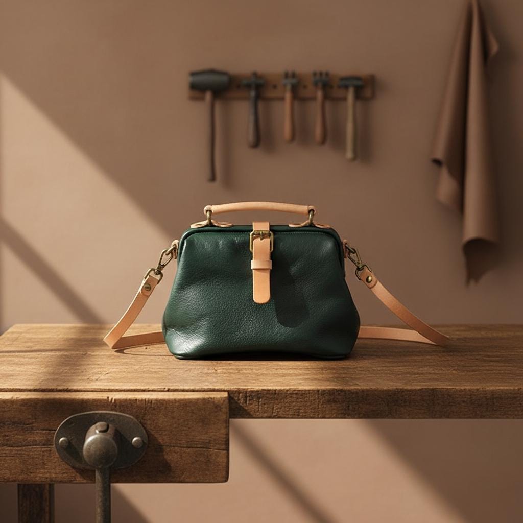 Genuine Leather Doctor Bag for Women, Vintage Handmade Cowhide Handbag, Retro Structured Shoulder Purse