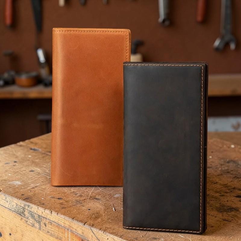 Men’s Genuine Leather Long Wallet – Crazy Horse Cowhide Bifold Wallet, Slim Card Holder, Vintage Leather Wallet for Men
