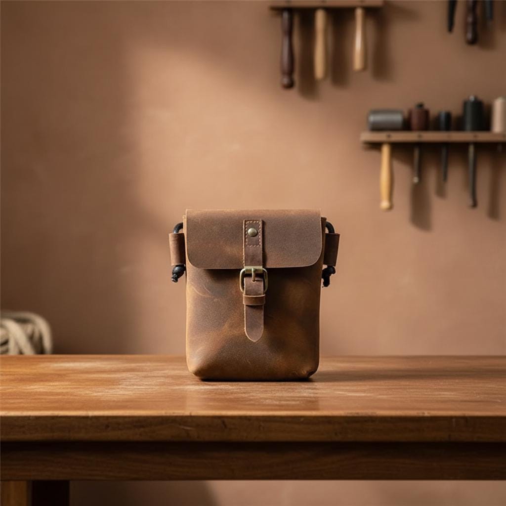 Vintage Crazy Horse Leather Mini Crossbody Bag for Men – Genuine Cowhide Small Shoulder Phone Messenger Bag Brown