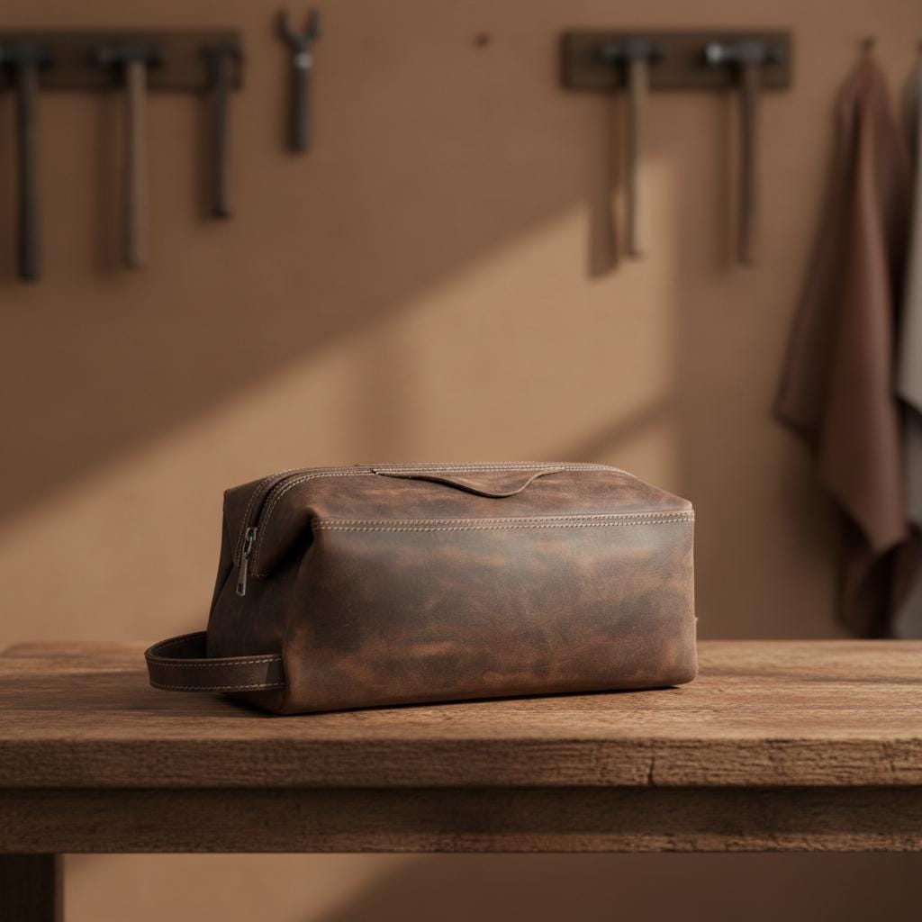 Horse Leather Travel Toiletry Bag, Vintage Genuine Leather Clutch Pouch, Unisex Cosmetic Organizer