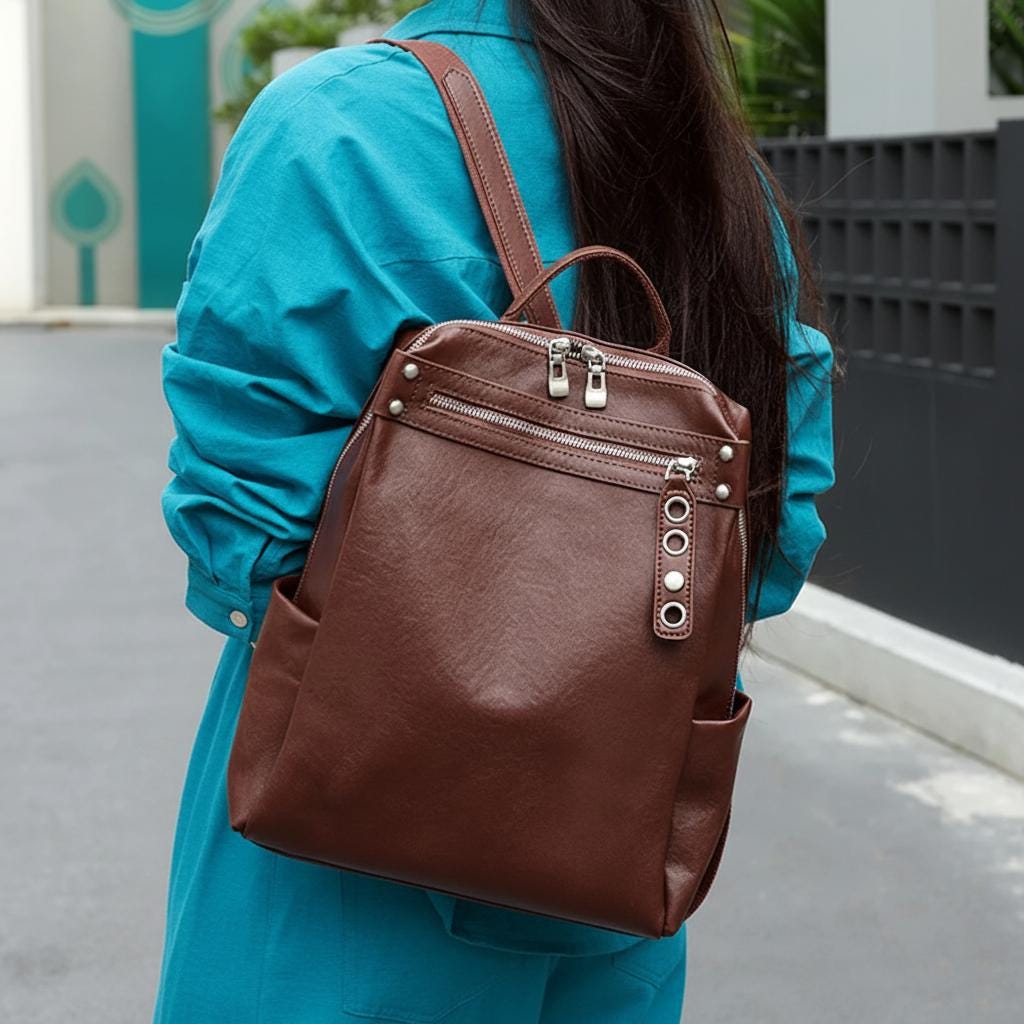 Genuine Leather Backpack for Women, Brown Cowhide Fashion Rucksack, Large Capacity Everyday Travel Bag