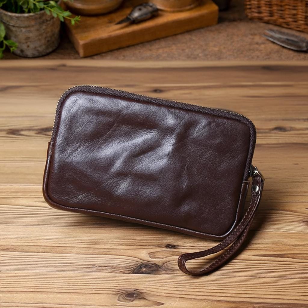 Vintage Genuine Leather Long Wallet for Men & Women – Top Layer Cowhide Zipper Clutch, Phone Pocket Card Holder