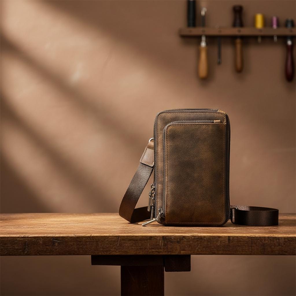Leather Men's Crossbody Bag, Vintage Small Phone Shoulder Bag, Genuine Cowhide Waist Pack