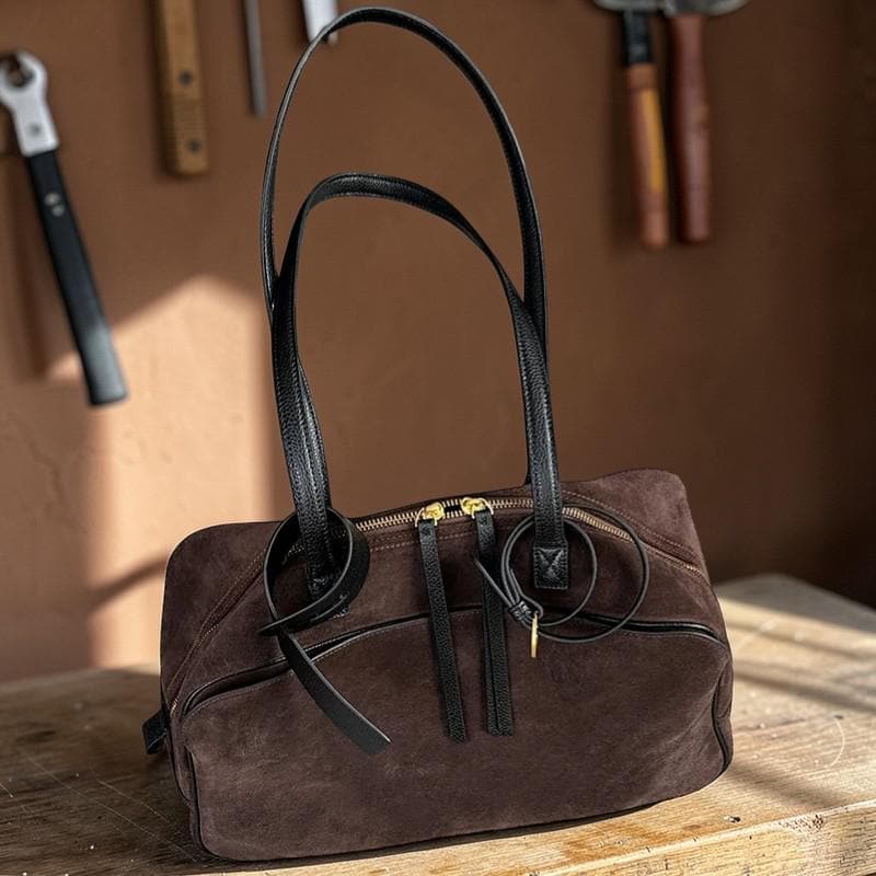Suede Leather Bowling Tote Bag for Women – Chic Shoulder Handbag