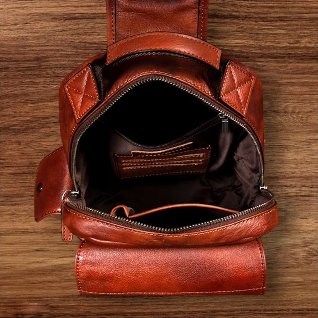 Men's Genuine Leather Chest Bag, Vintage Sling Crossbody Backpack, Cowhide Single Shoulder Bag, Casual Everyday Travel Pack