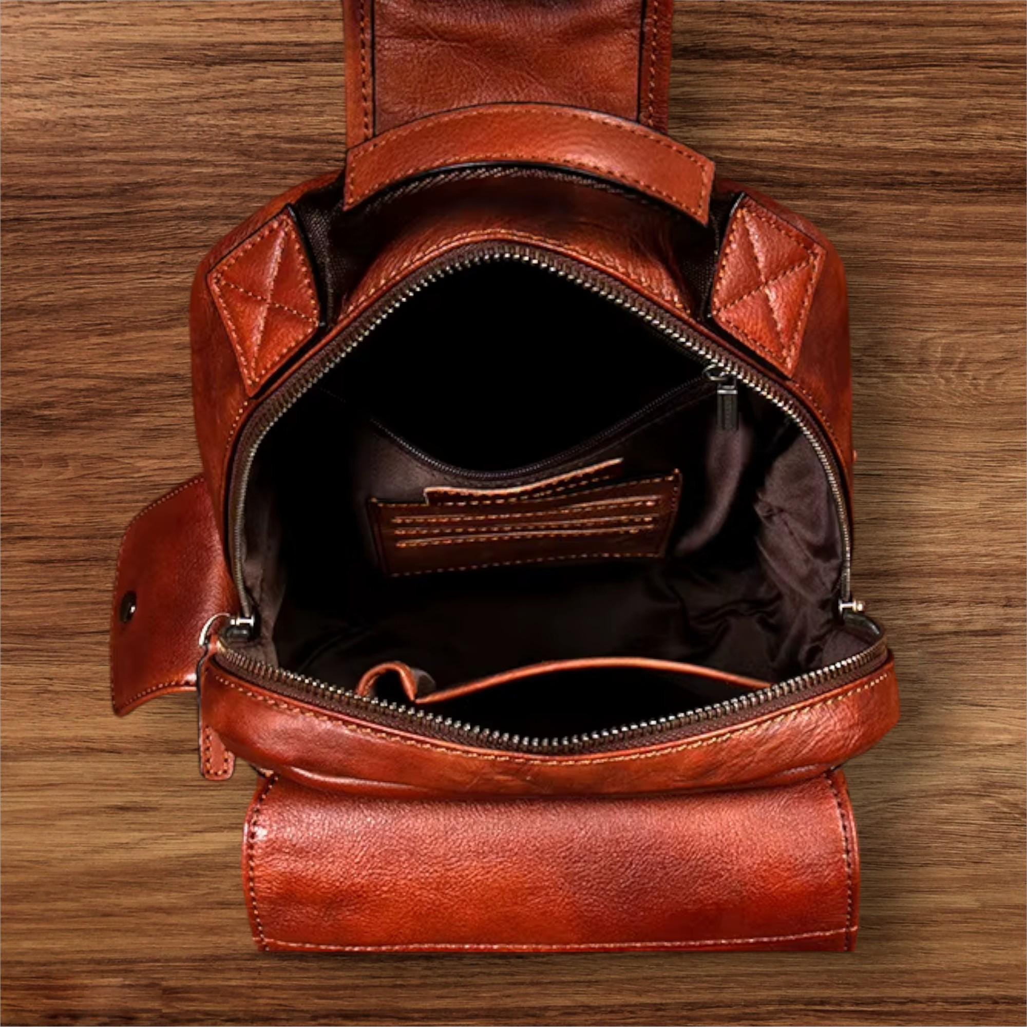 Men's Genuine Leather Chest Bag, Vintage Sling Crossbody Backpack, Cowhide Single Shoulder Bag, Casual Everyday Travel Pack