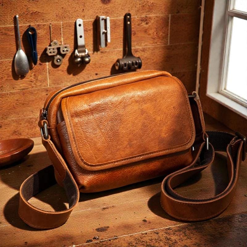 Retro Vegetable Tanned Leather Messenger Bag for Men, Small Vintage Crossbody Shoulder Bag, Compact Commuter Bag