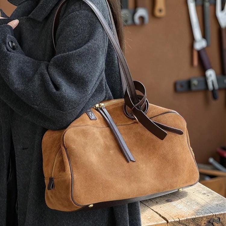 Suede Leather Bowling Tote Bag for Women – Chic Shoulder Handbag