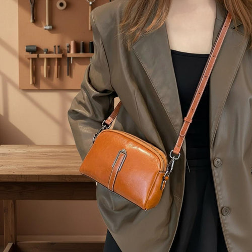 Classic Leather Crossbody Satchel – Genuine Cowhide Shoulder Bag with Zipper Closure, Everyday Vintage Purse for Women
