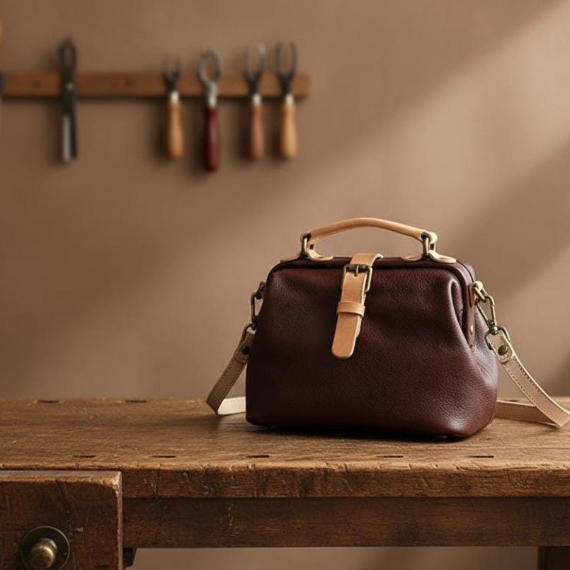Genuine Leather Doctor Bag for Women, Vintage Handmade Cowhide Handbag, Retro Structured Shoulder Purse