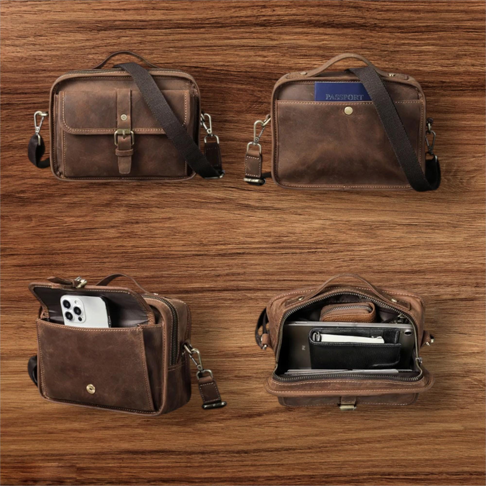 Crazy Horse Genuine Leather Crossbody Bag for Men – Vintage Brown Shoulder Messenger Bag for iPad, Small Business Travel Satchel