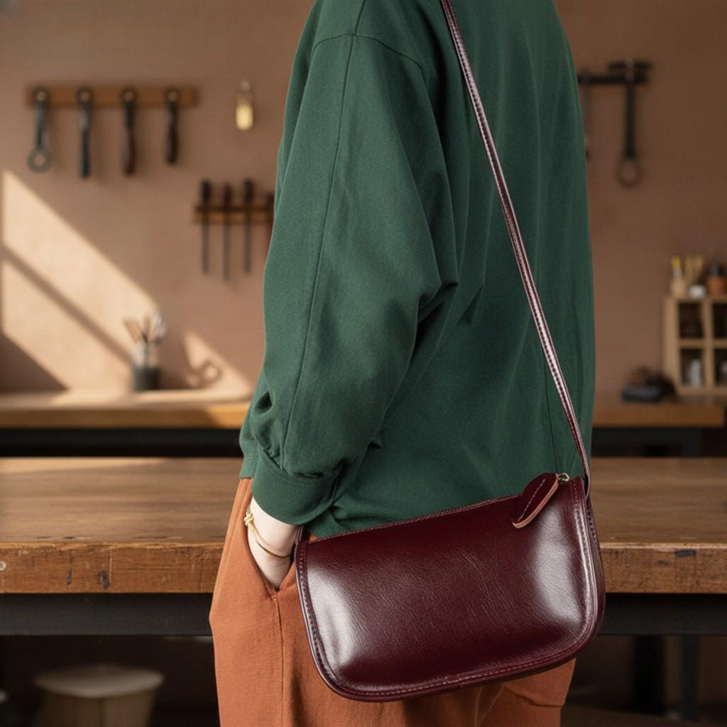 Slim Vintage Leather Shoulder Bag – Genuine Cowhide Underarm Purse with Minimal Zipper Design for Women