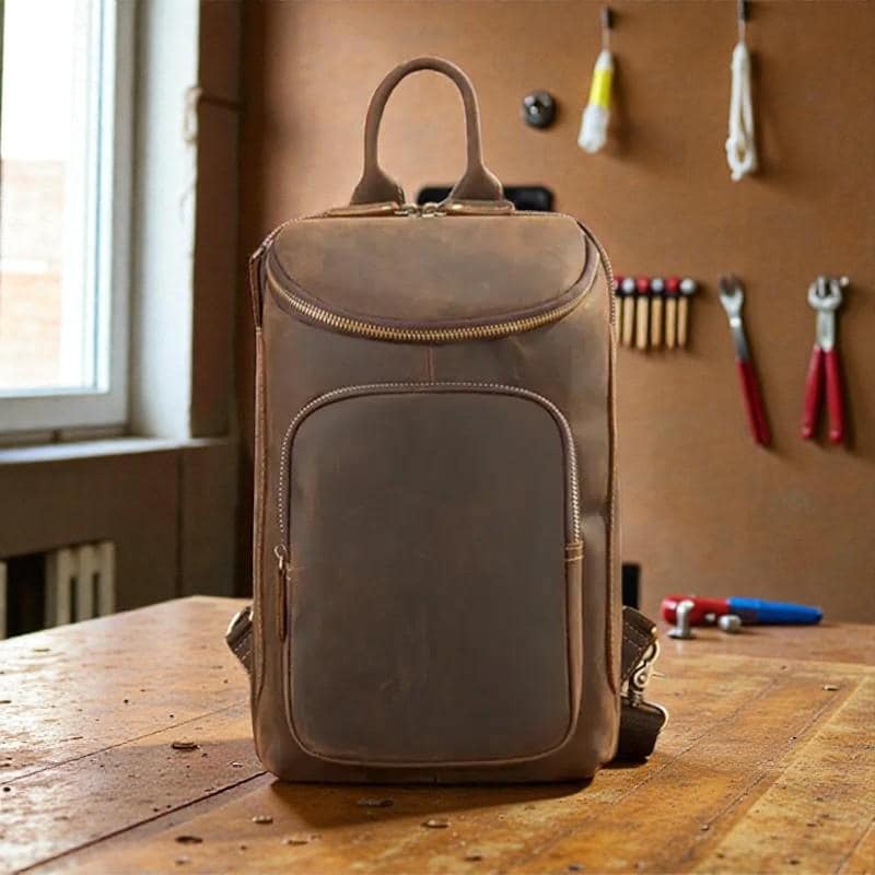 Genuine Leather Chest Bag for Men – Vintage Crazy Horse Sling Backpack Crossbody Travel EDC Shoulder Bag