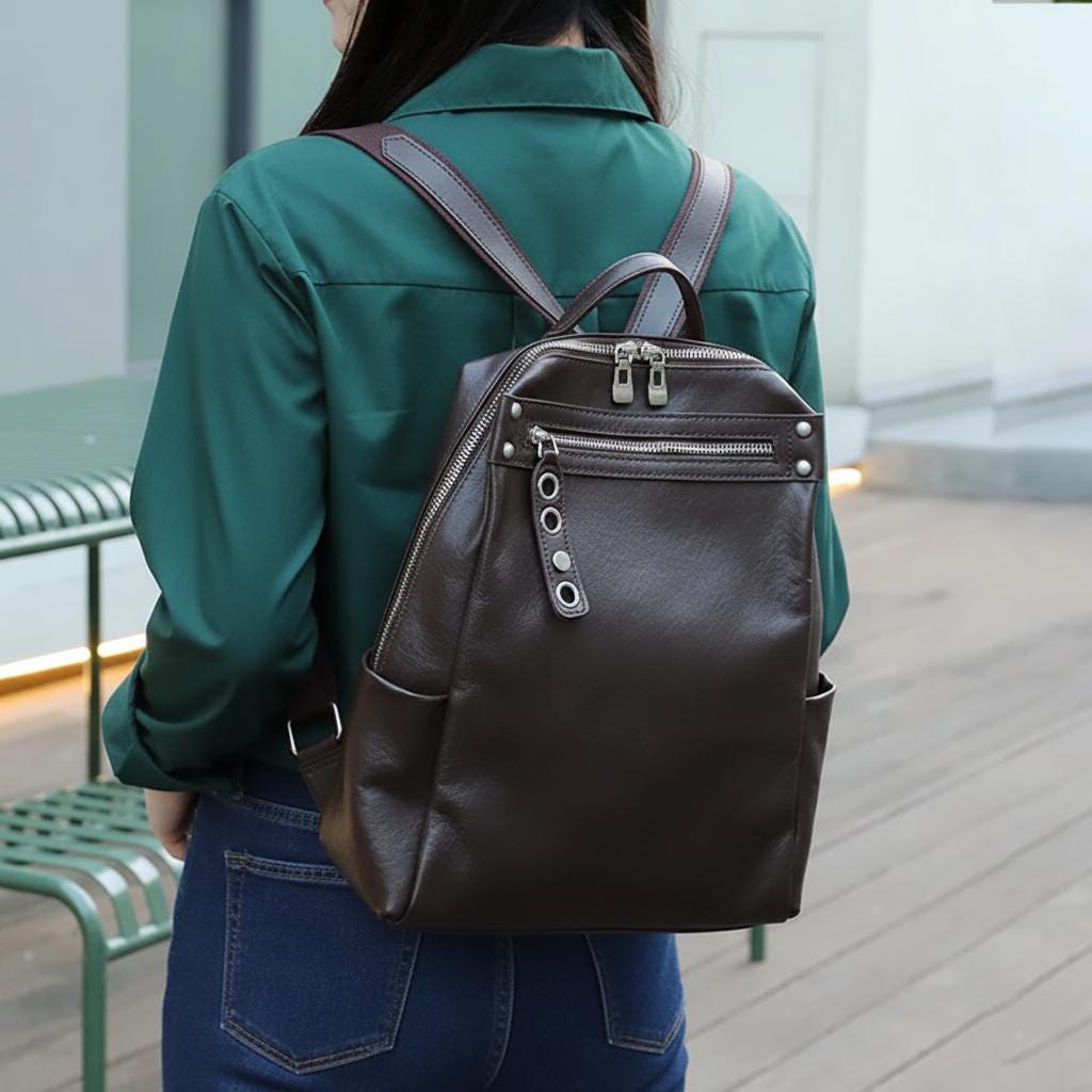 Genuine Leather Backpack for Women, Brown Cowhide Fashion Rucksack, Large Capacity Everyday Travel Bag