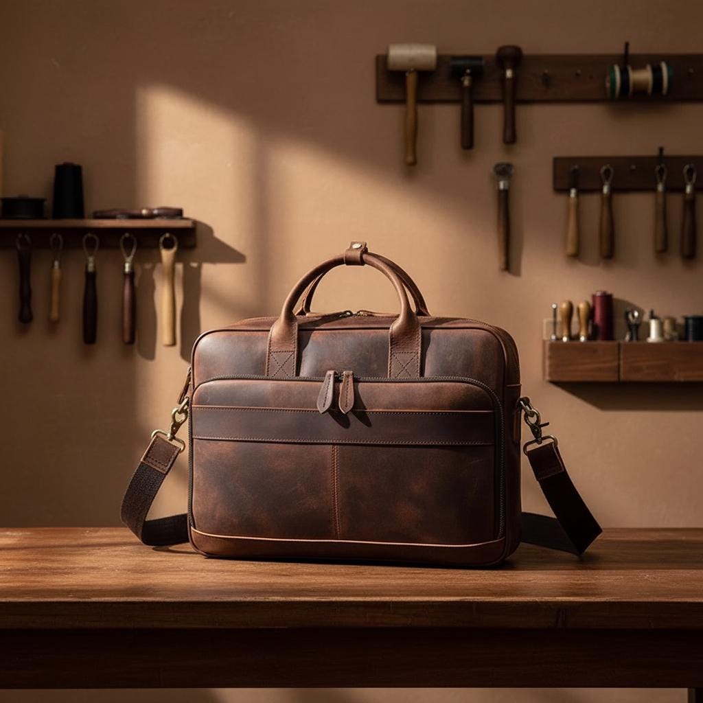 Vintage Genuine Leather Laptop Briefcase 15.6" Mens Business Bag, Retro Cowhide Crazy Horse Leather Office Shoulder Messenger Bag