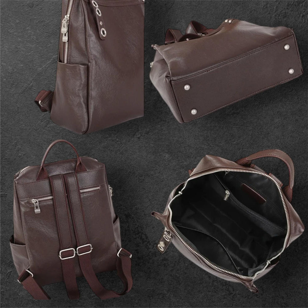 Genuine Leather Backpack for Women, Brown Cowhide Fashion Rucksack, Large Capacity Everyday Travel Bag