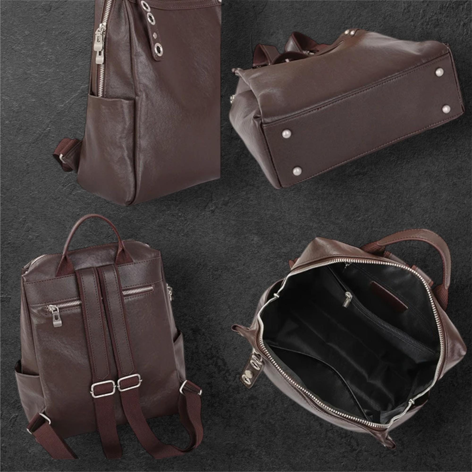 Genuine Leather Backpack for Women, Brown Cowhide Fashion Rucksack, Large Capacity Everyday Travel Bag