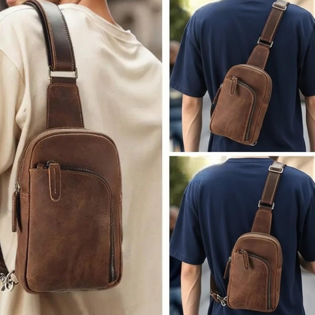 Leather Men's Chest Bag, Vintage Crazy Horse Sling Bag, Premium Cowhide Crossbody Travel Backpack
