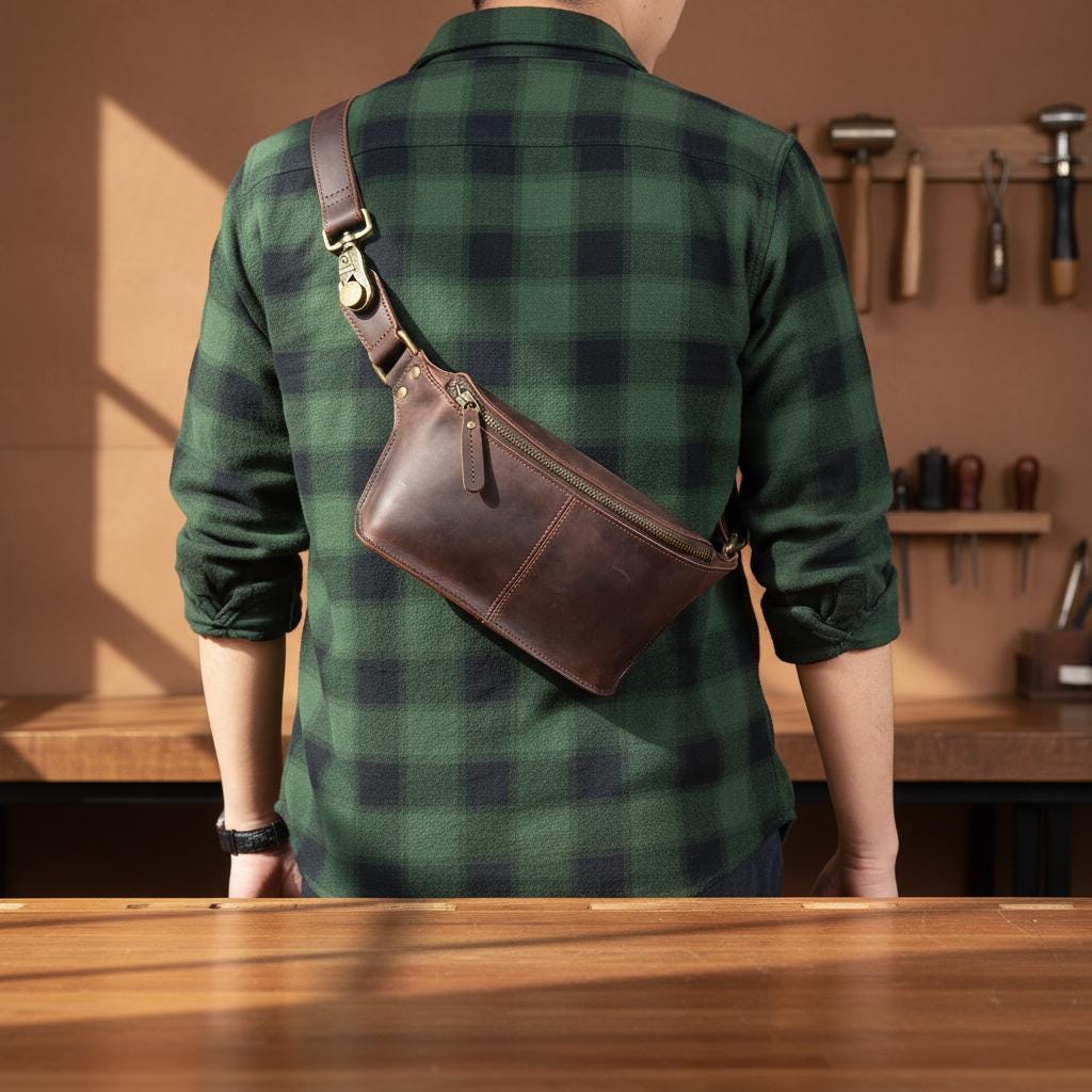 Leather Chest Bag for Men – Genuine Cowhide Crossbody Sling Bag, Dark Coffee Small Shoulder Phone Bag