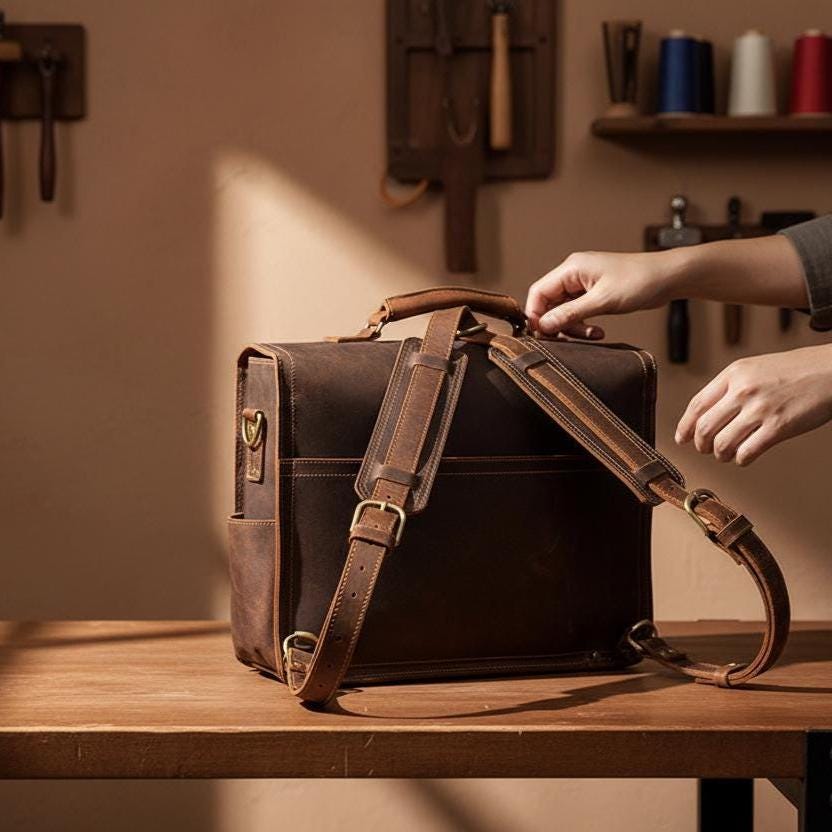 Vintage Crazy Horse Leather Briefcase 15.6 Inch Laptop Bag, Men's Business Shoulder Bag, Full Grain Cowhide Messenger Bag