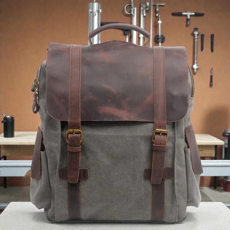 Vintage Canvas Leather Backpack – Unisex Travel Backpack, Military Laptop Backpack, Large Capacity Hiking Bag, Canvas Rucksack