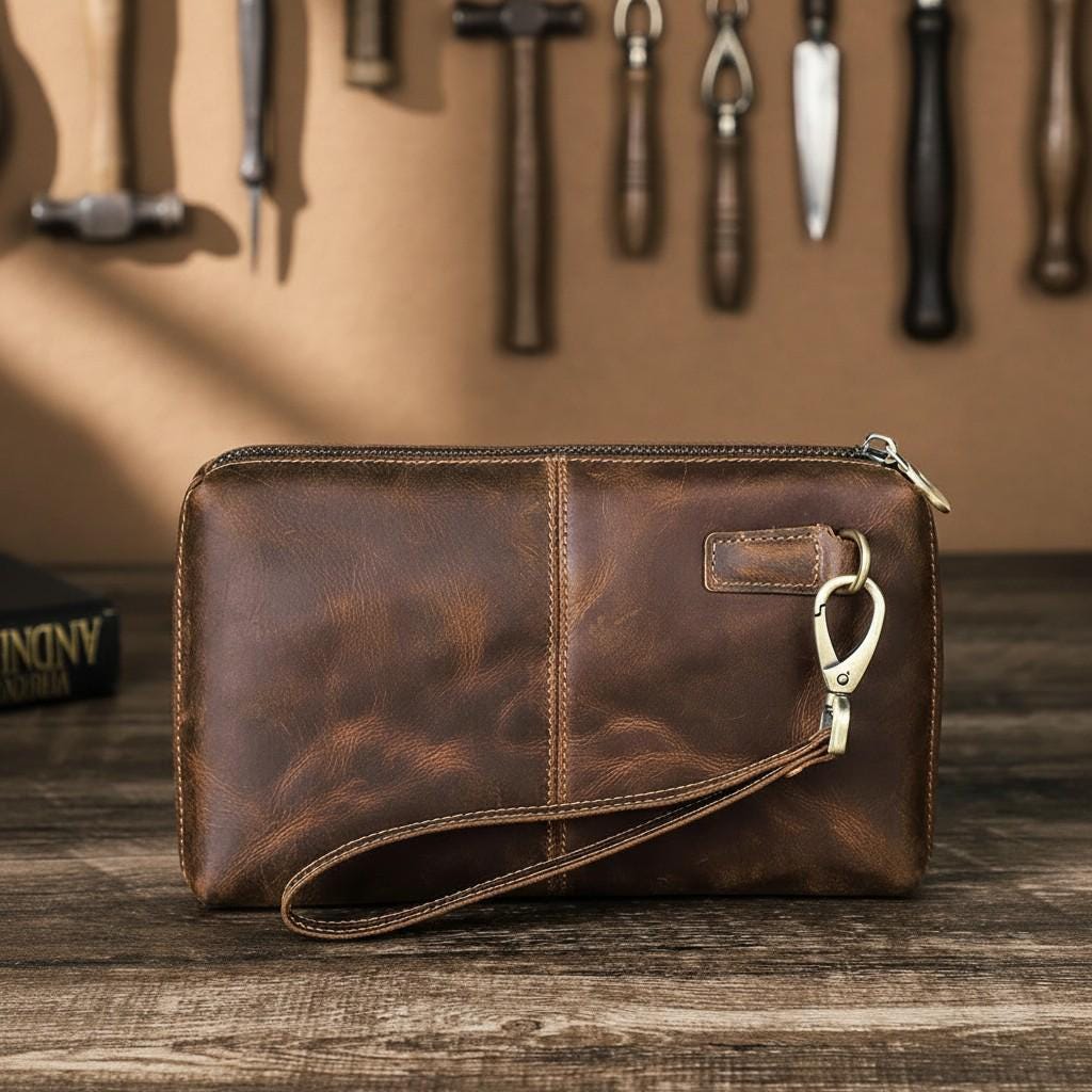 Genuine Leather Clutch Wallet for Men – Crazy Horse Brown Zipper Long Wallet with Card Slots & Wrist Strap