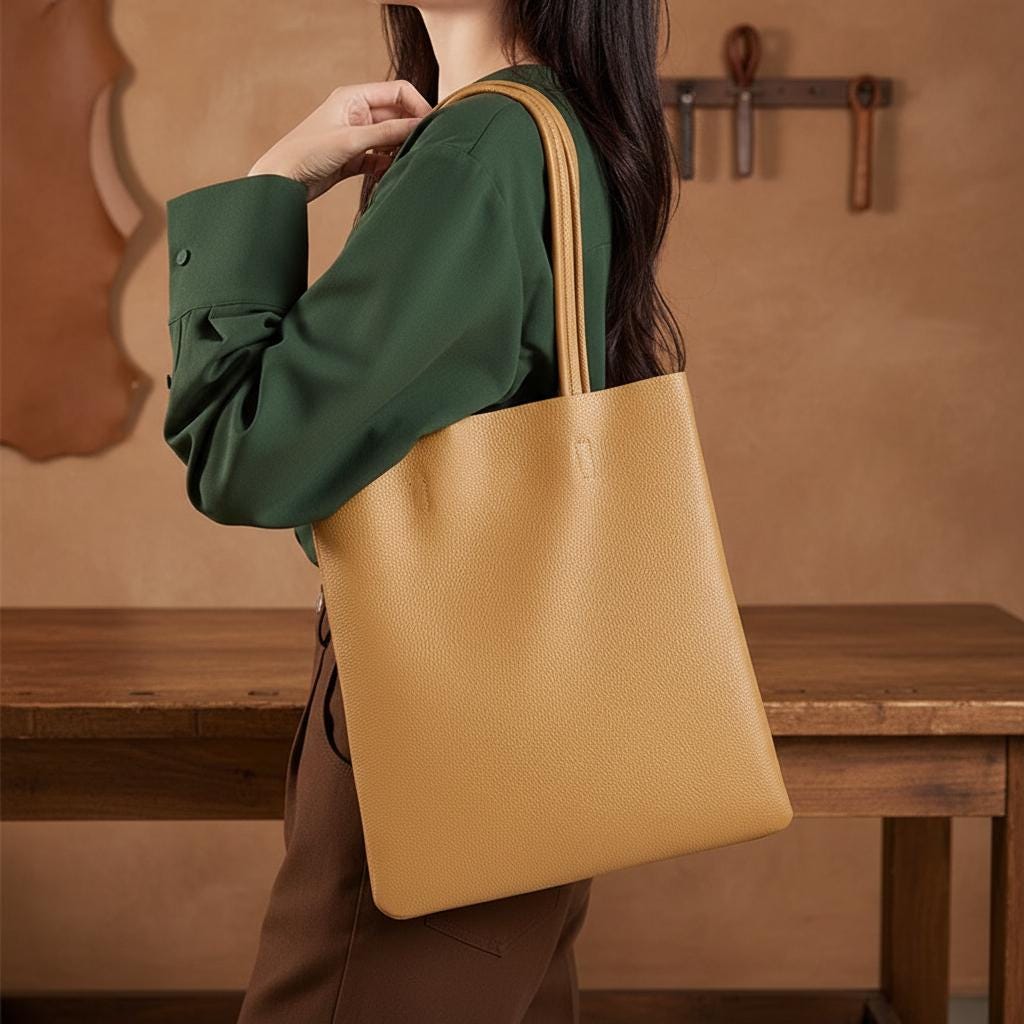 Large Genuine Leather Tote Bag for Women – Minimalist Bucket Shoulder Shopper, Soft Cowhide Everyday Work Bag
