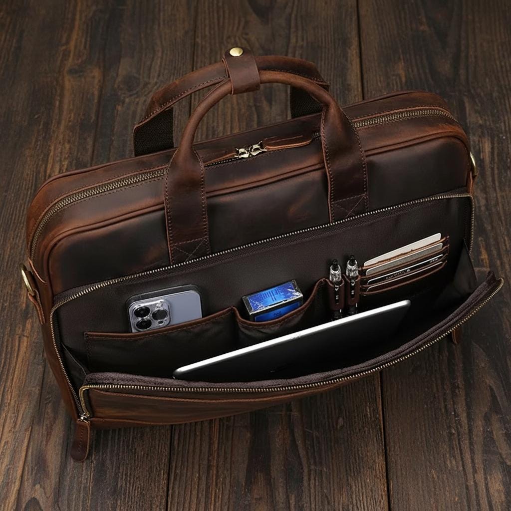 Vintage Genuine Leather Laptop Briefcase 15.6" Mens Business Bag, Retro Cowhide Crazy Horse Leather Office Shoulder Messenger Bag