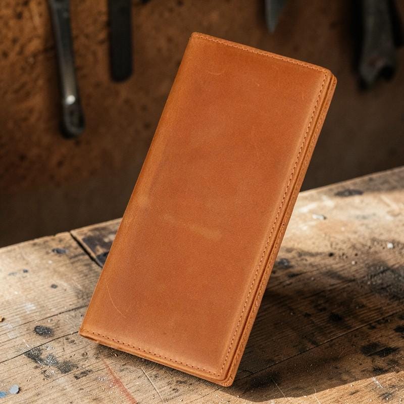 Men’s Genuine Leather Long Wallet – Crazy Horse Cowhide Bifold Wallet, Slim Card Holder, Vintage Leather Wallet for Men