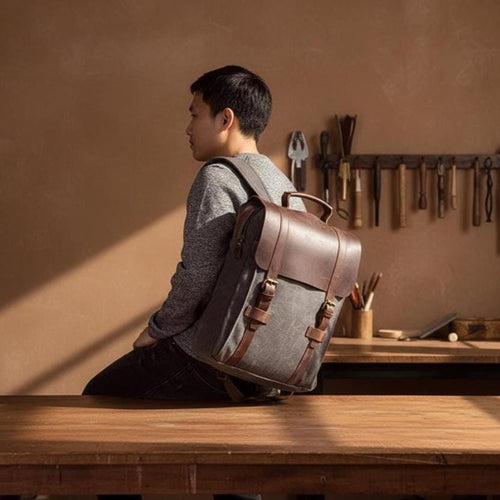 Canvas Leather Backpack – Vintage Military Laptop Rucksack 20-35L, School Travel Bag with Leather Trim