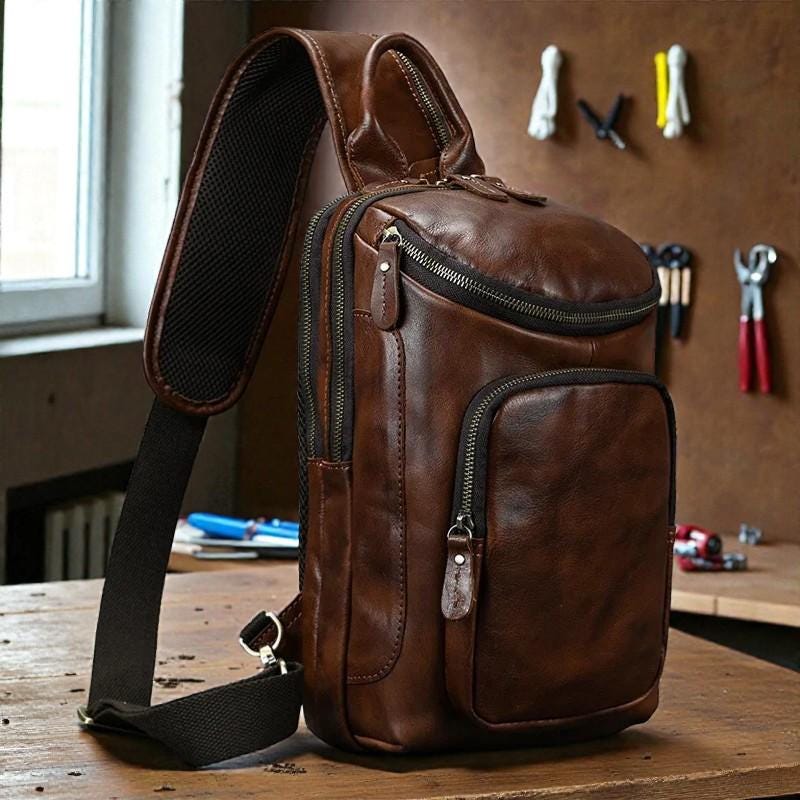 Genuine Leather Chest Bag for Men – Vintage Crazy Horse Sling Backpack Crossbody Travel EDC Shoulder Bag