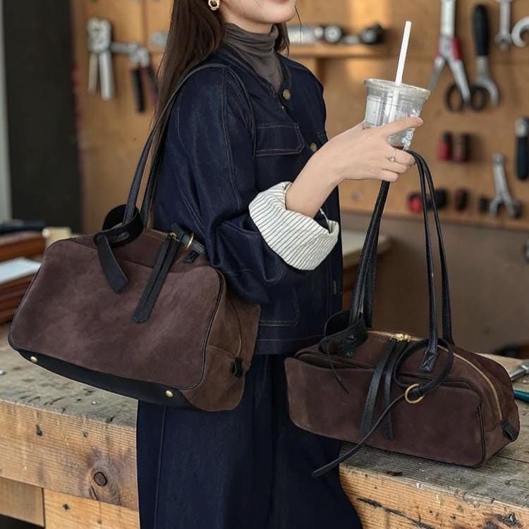 Suede Leather Bowling Tote Bag for Women – Chic Shoulder Handbag