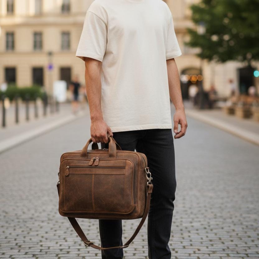 Vintage Crazy Horse Genuine Leather Briefcase 17 Inch Laptop Bag for Men – Large Brown Business Messenger Shoulder Bag