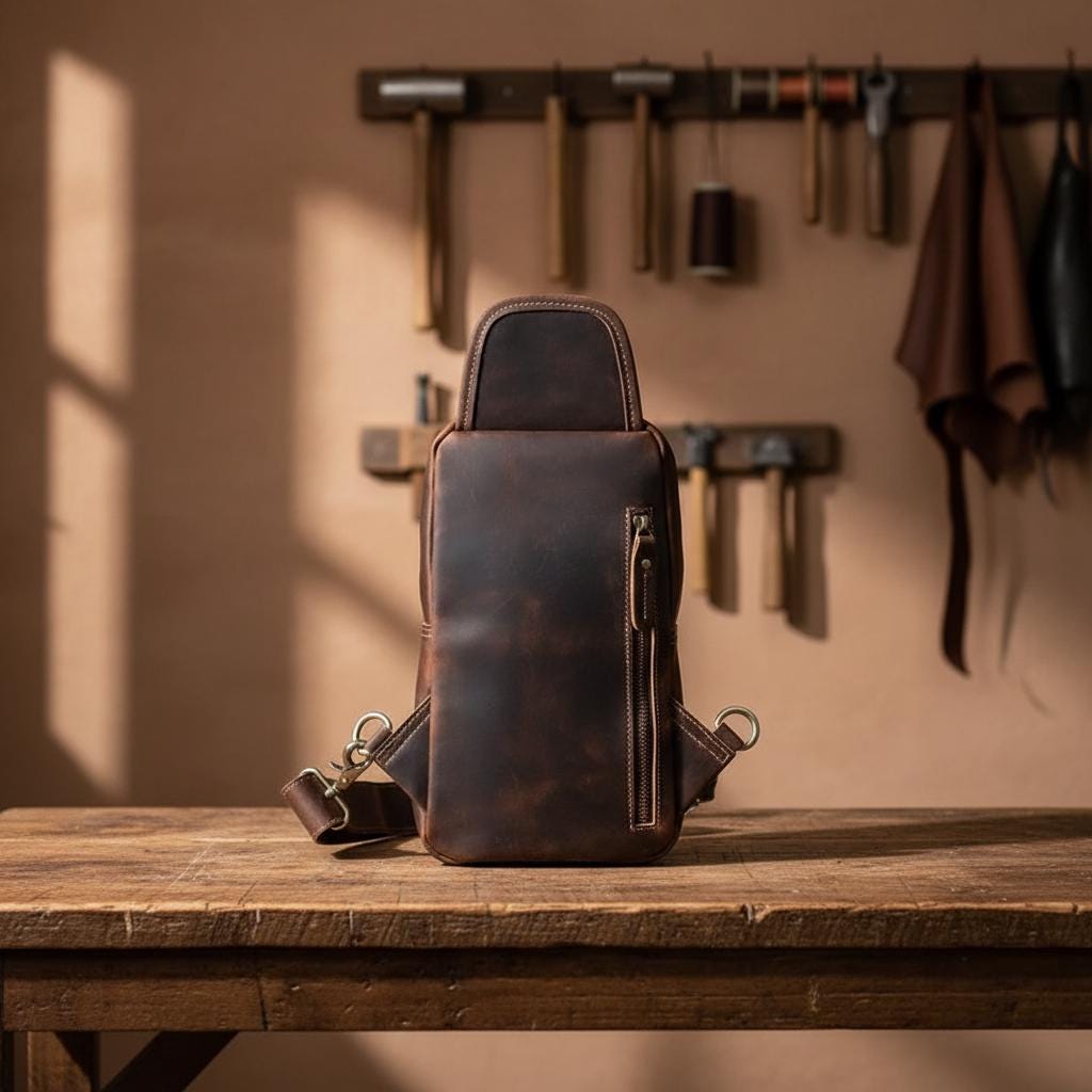Men's Genuine Leather Chest Bag Vintage Dark Brown Crossbody Sling Bag Top Grain Cowhide Shoulder Bag for Travel & Everyday