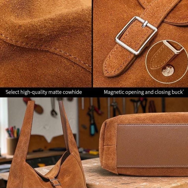 Natural Suede Leather Shoulder Bag for Women – Soft Cowhide Hobo Purse