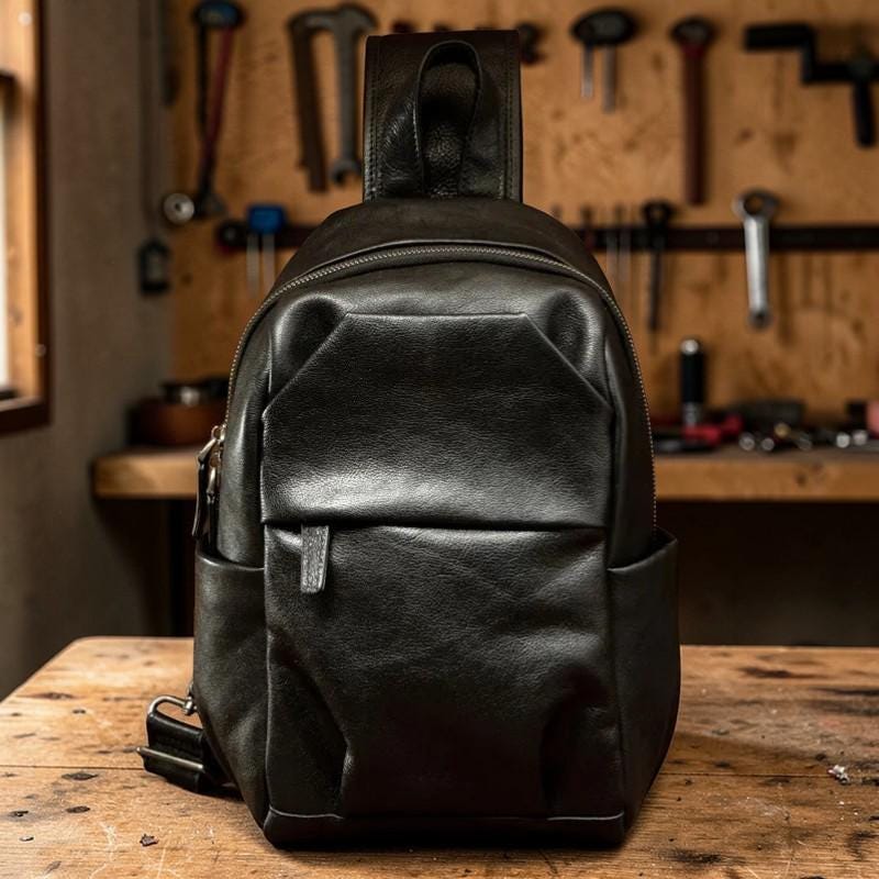 Men’s Genuine Leather Chest Bag – Vintage Sling Backpack, Crossbody Backpack, Large Capacity Cowhide Shoulder Bag for Travel